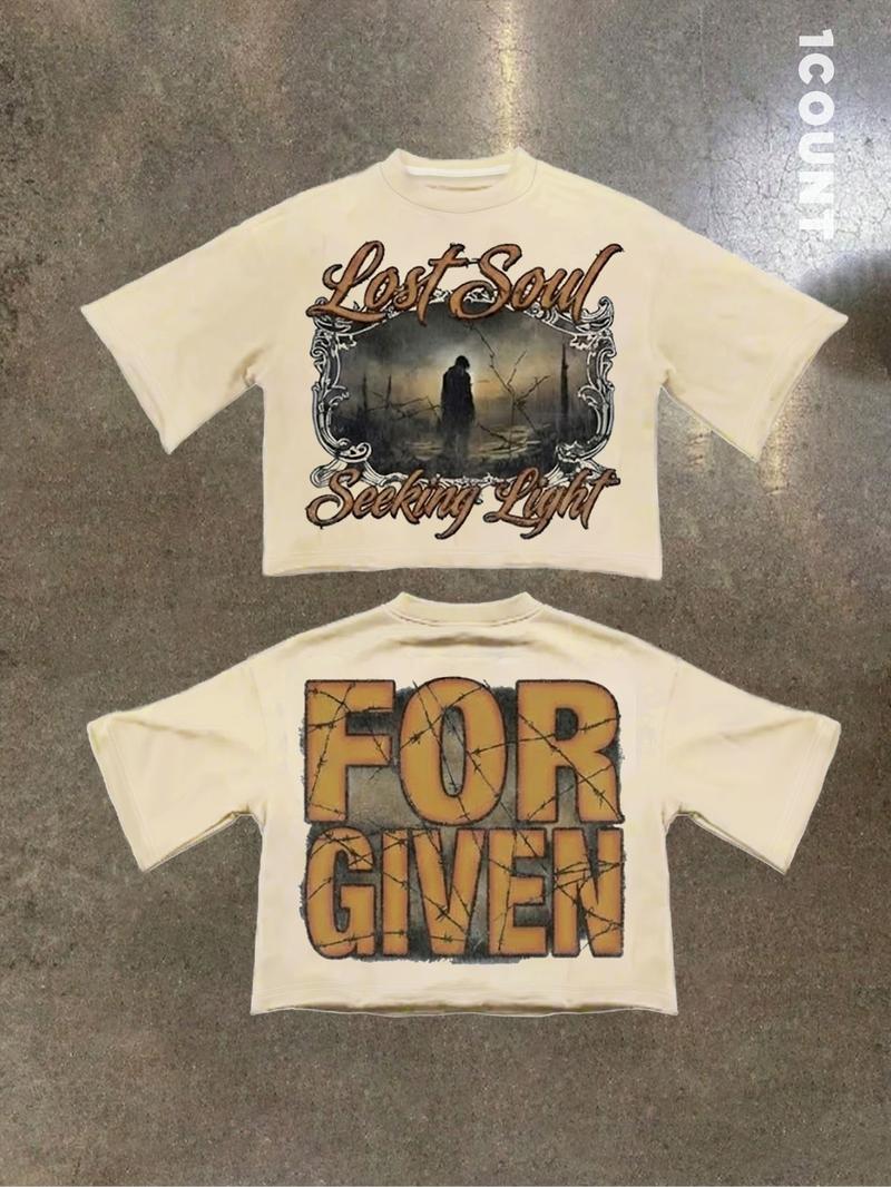 Unisex Short Sleeve Letter Print Tee, Casual Comfortable Loose Fit Fashion T-Shirt, Summer Organic Fabric, Simple Style