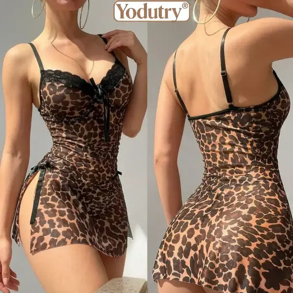 Women’s Leopard Lace Lingerie Dress – Sheer Mesh Slip Nightdress Spaghetti Strap Split Hem Sexy Sleepwear