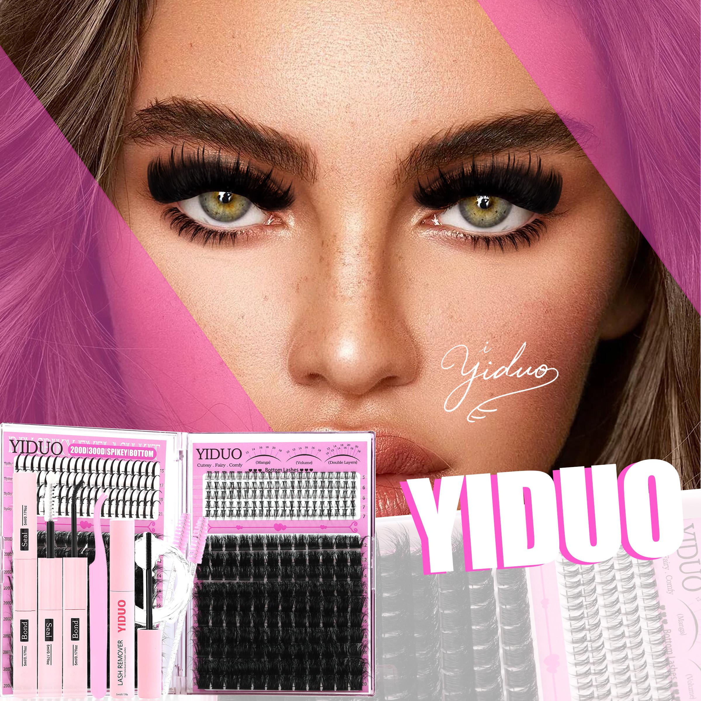 YIDUO 4 Styles DIY Volume Eyelash Cluster Kit, 200D/300D/Bottom/Spike Lashes, 5-20 mm D-Curl Eyelash Extensions Kit 440 Pcs with Lash Bond and Seal, Lash Remover, Lash Tweezers and Eyelash Brush for Easy DIY at Home