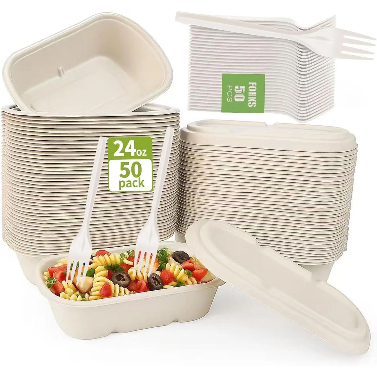 24oz Disposable Meal Prep  Containers with , 50 Pack Sugarcane Fiber Pulp Take-Out Boxes, Compostable  Lunch Containers, Microwave & Freezer Safe, Includes Forks
