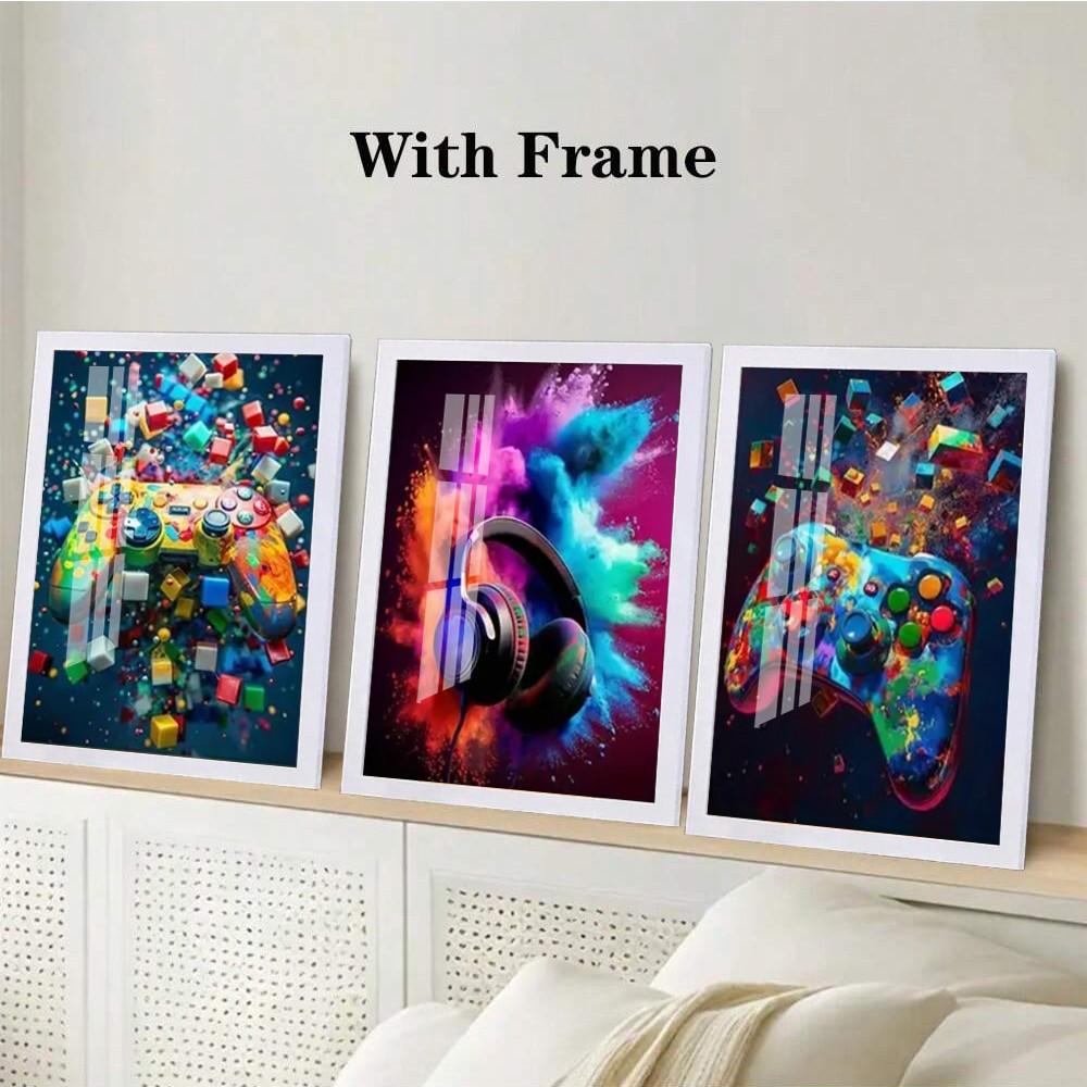 3-piece Color Game Art Set with Optional Wooden Frame Decoration - Vibrant Playstation Controller, Colorful Explosive Headphones, and Xbox Controller with Modern Dynamic Game Decoration, Perfect for Gaming Rooms or Teenage Bedrooms