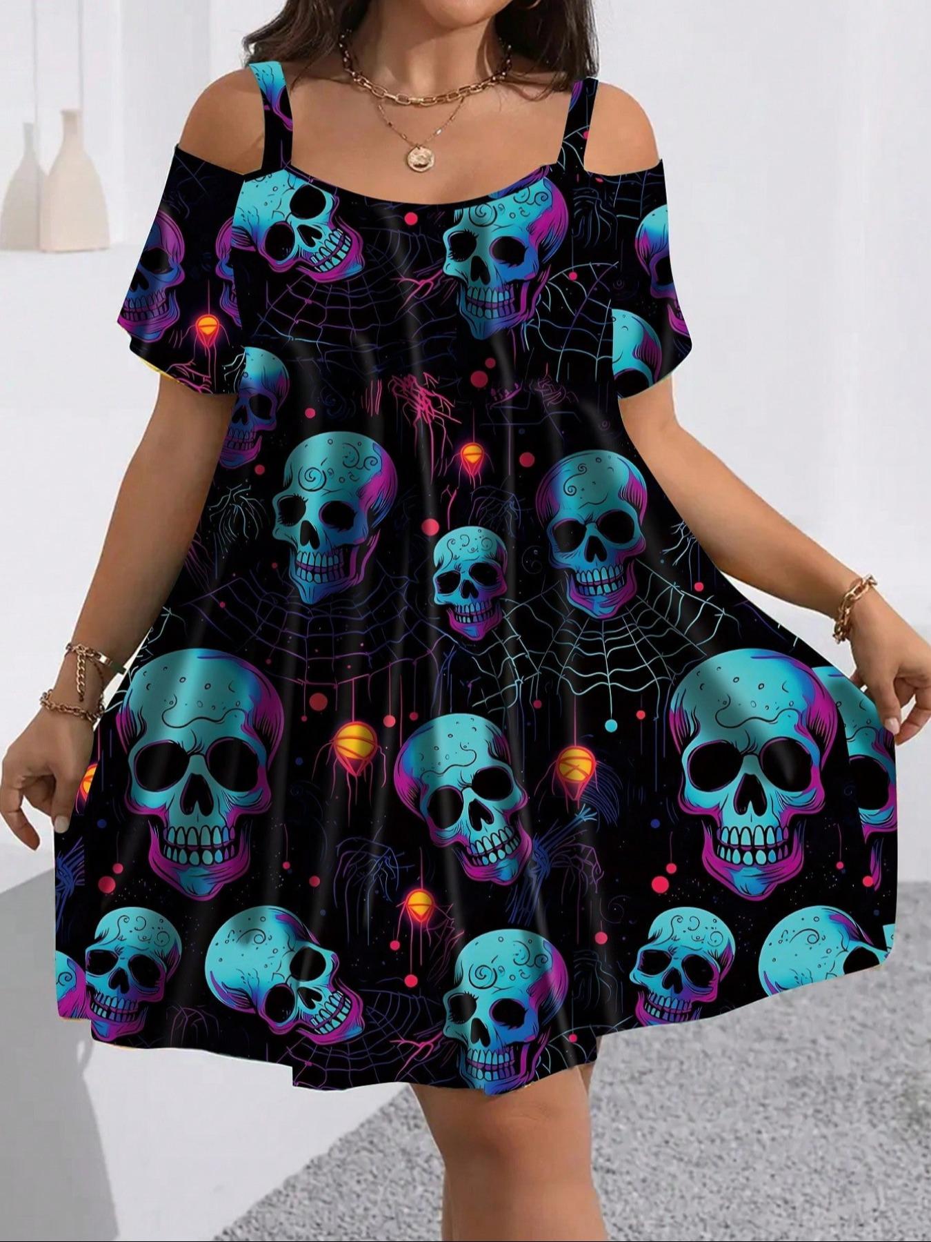 Summer Women's Short Sleeve Hollow Out Spaghetti Strap Fashion Elegant Fitted Halloween Skull Print Dress, Lady, Casual Cut Out, Comfortable Fit, Stylish and Trendy, Perfect for Casual Wear, Womenswear