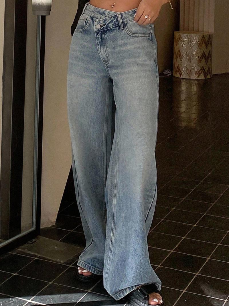 Women's Asymmetrical Low Waist Wide Leg Jeans, Zipper Pocket Design, Casual Fashion for All Seasons, Limited Time Purchase