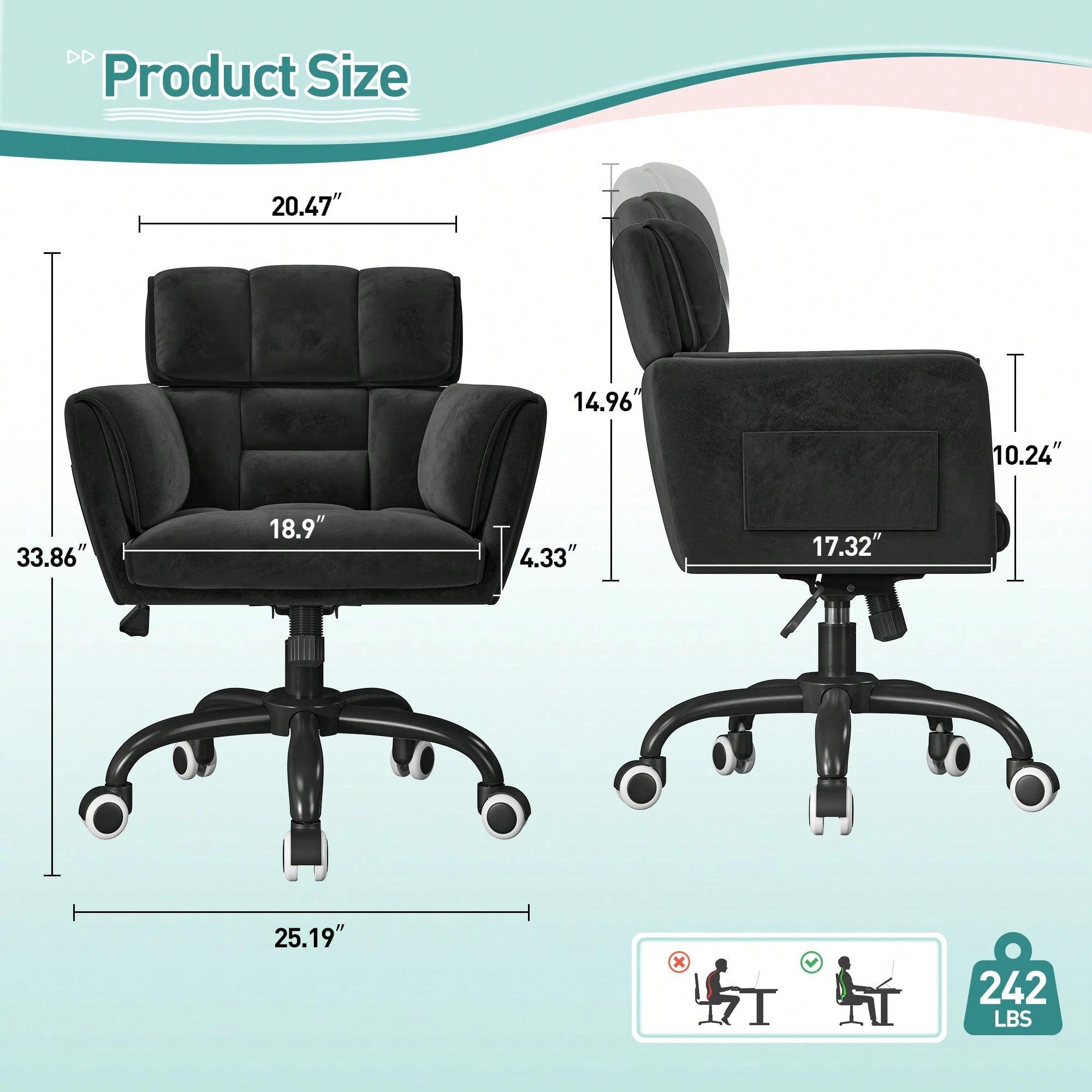 Home Office Chair With Wheels & Side Pockets Vanity Chair Adjustable Height Soft Upholstered Modern Desk Chair With Backrest & Arm For Bedroom, Pink