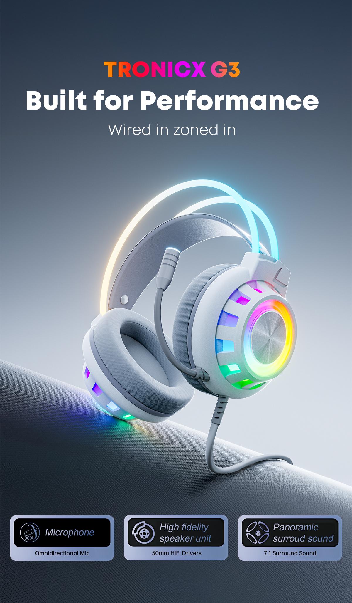 [New Upgrade] TAGRY TRONICX Upgraded G3 Wired PC Gaming Headset Gamer Gifts for him with 50mm Driver, ENC Microphone, USB-A Headset with 7.1 Surround Sound, Control Box for PC/PS5 Console/Switch Dock Mode  (Not Compatible with Xbox)