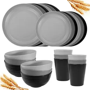 24Pcs Kitchen Plastic Wheat Straw Dinnerware Set,Dinnerware Sets for 6,Microwave Dishwasher Safe Plates, Unbreakable Reusable Plastic Wheat Straw Bowls & Plate for Camping