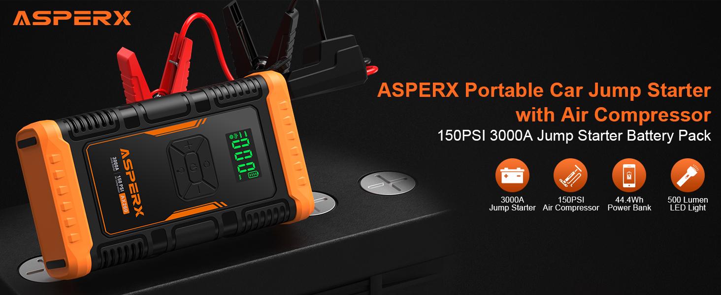 AsperX AX260 Jump Starter with Air Compressor, 3000A/150PSI  Car Battery Jump Starter, 12V Jumper Box Portable with Tire Inflator for Truck, Vehicle