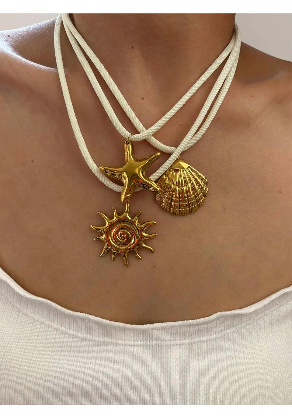 Exaggerated Stainless Steel Starfish Shell Conch Sun Pendant Necklace for Women Trendy Ocean Style Jewelry Beach Party Accessory chain stack