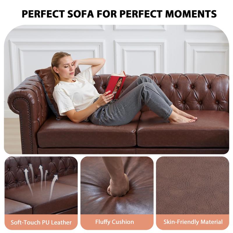 【Shipped in Two or More Packages】Giratree Furniture 98" PU Leather Chesterfield 3+2 Tufted Modular Sectional Sofa with Pillows, Rolled Arms and Nailhead Trim, Classic Upholstered Couch for Living Room, Apartment, Bedroom