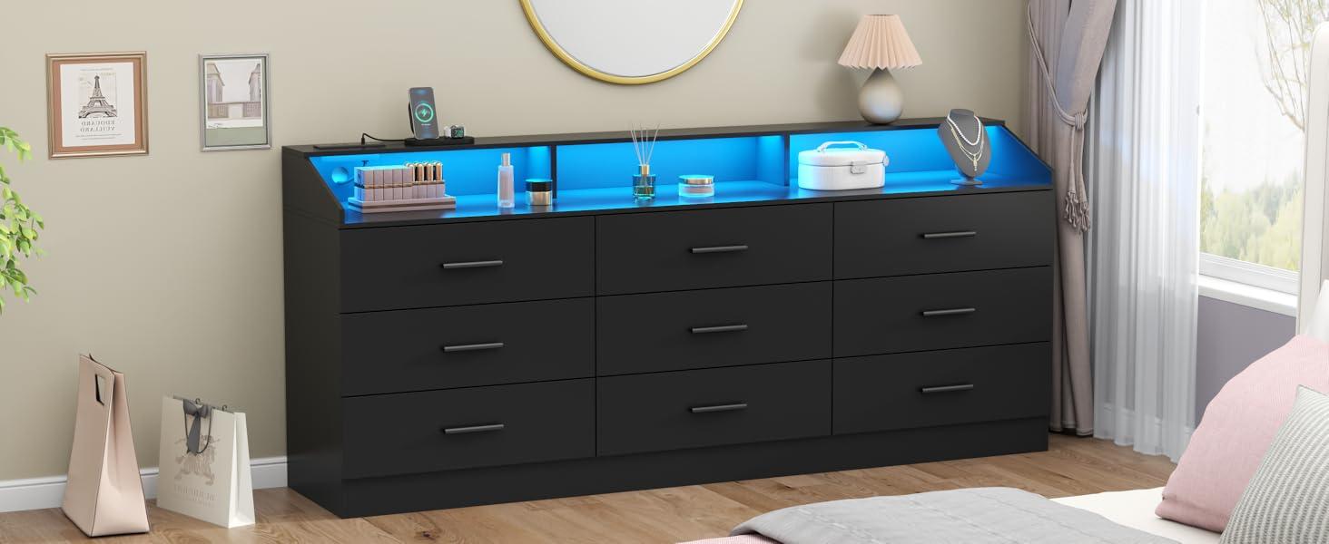 9 Drawers Dresser for Bedroom with Power Outlet and LED Light, Modern Dresser with Open Storage Cubby, Double Wide Dresser Organizer for Living Room cicada  drawer bedroom dresser nursery  dresser living room drawer  Cabinet