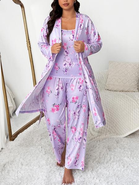 【Plus Size】 Floral Print Lounge Robe & Cami Top & Pants Pyjama Set, Casual Comfy Loungewear Set for Women, Women's Sleepwear for Spring & Fall, Soft Pajamas