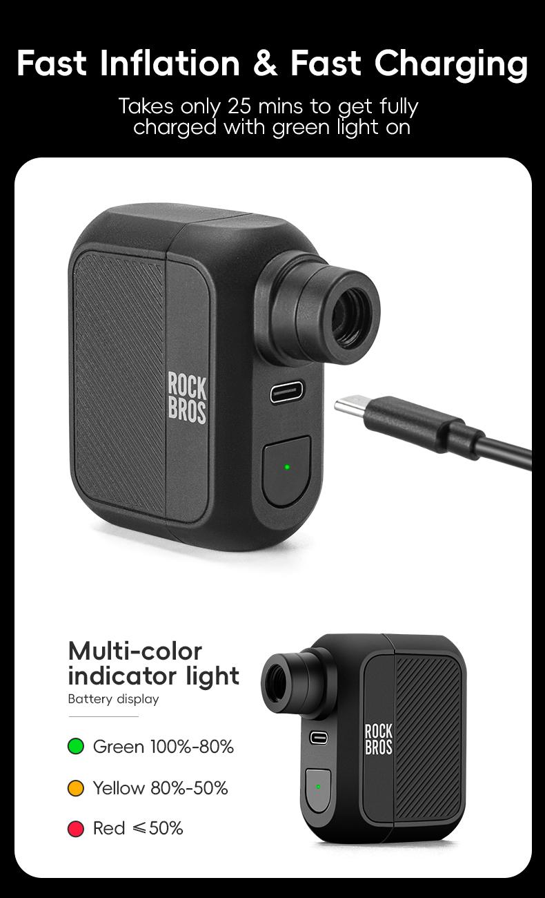 ROCKBROS Bicycle Tiny Electric Air Pump Lightweight 100Psi MTB Road Bike Air Pump Portable AV/FV Inflator Pump For Emergency Outdoor Cycling Bicycle Accessories