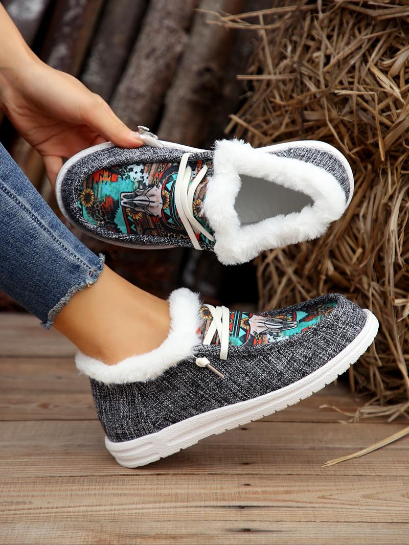 Bohemian Style Winter Snow Boots for Men & Women, Warm Fur Lined Canvas Shoes, Casual Lace-Up Outdoor Urban Sports Sneakers