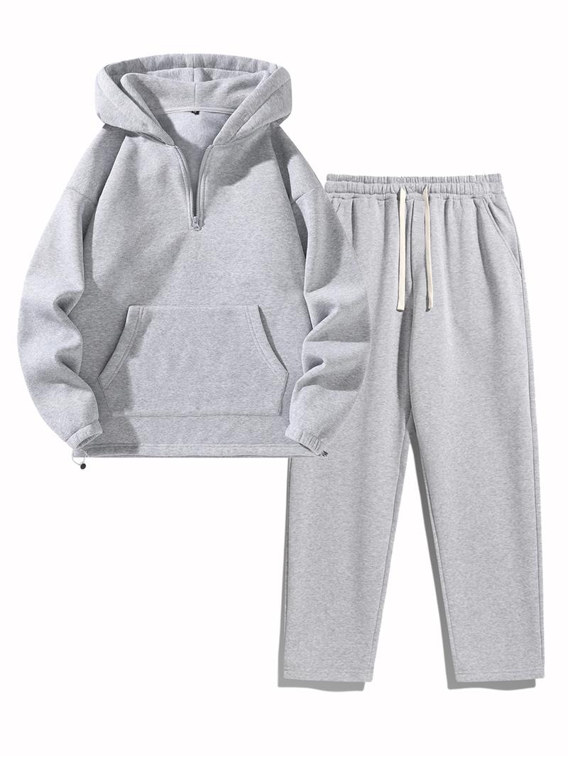 Men's Plain Two-piece Sweatsuit Set, Basic Regular Fit Casual Drop Shoulder Half Zip Hoodie & Pocket Drawstring Sweatpants, Men's Clothing
