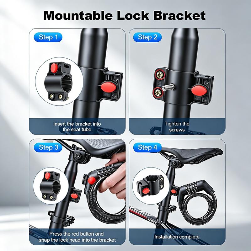 Bicycle Lock, 5-Digit Resettable Combination Cable Lock, with Mounting Bracket, Security Lock for Bikes, Scooters, E-Bikes, Motorcycles, Fences, Gates, Bicycle Accessories