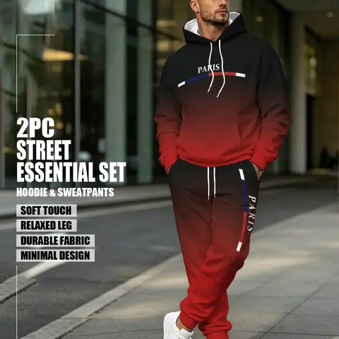 Men's Autumn Winter Gradient Hoodie Set, Street Fashion Long Sleeve Fitted Pants, Sporty Ankle Length Natural Waist