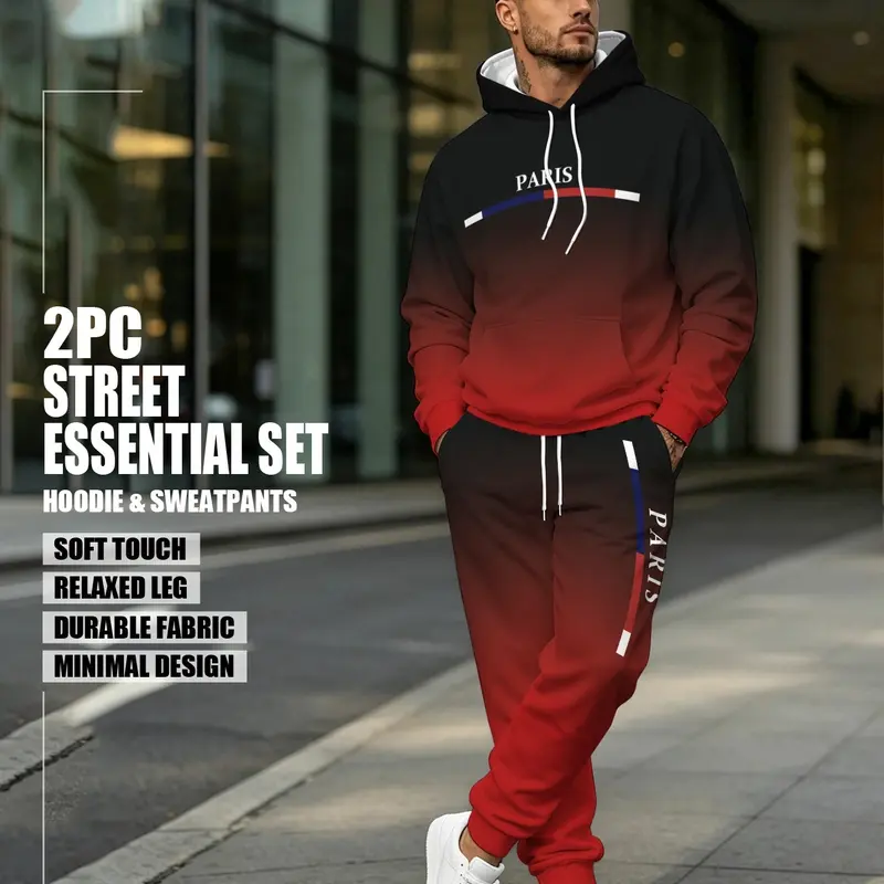 Men's Autumn Winter Gradient Hoodie Set, Street Fashion Long Sleeve Fitted Pants, Sporty Ankle Length Natural Waist