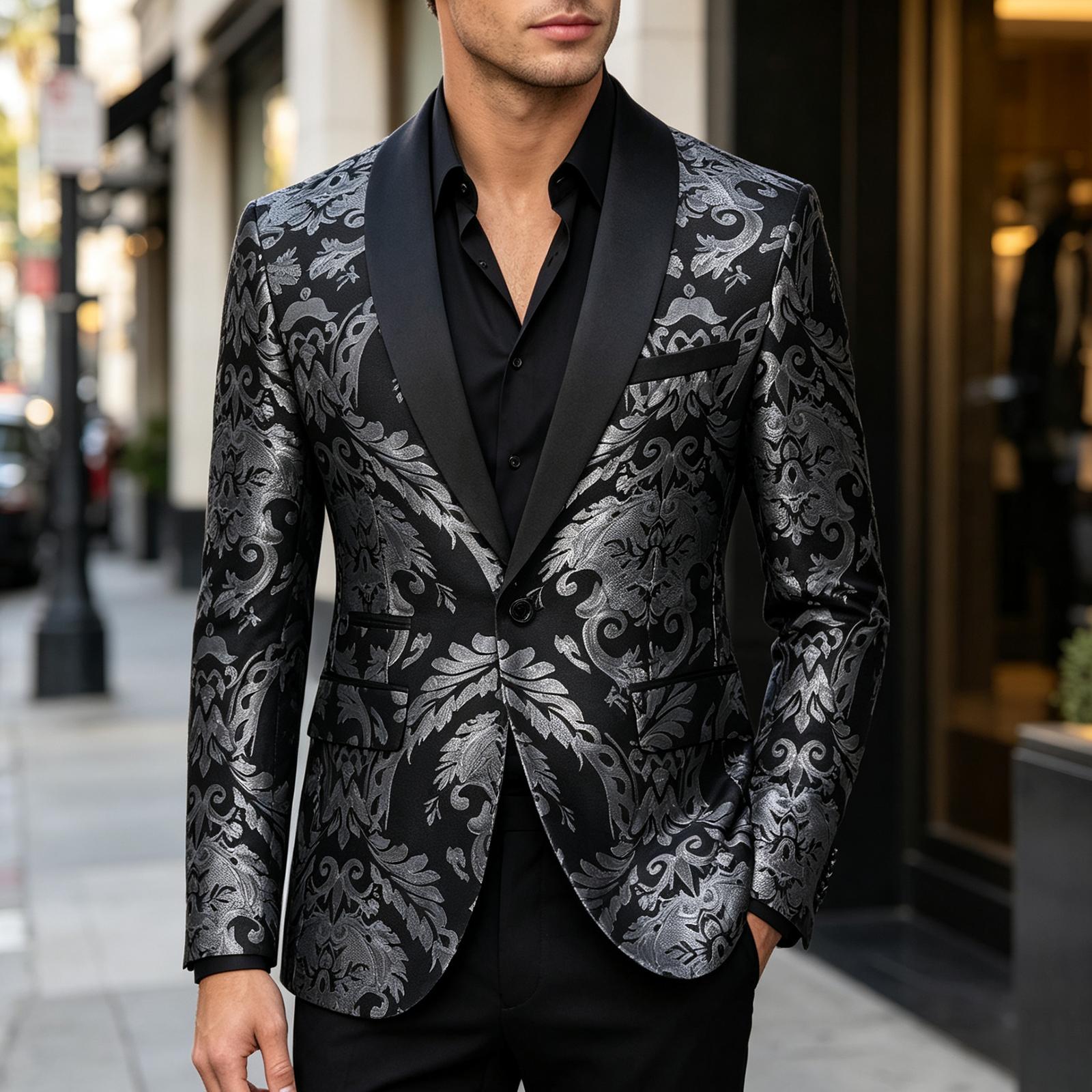 Men's 2-Piece Slim Fit Floral Jacquard Formal Tuxedo Set - Shawl Collar Long-Sleeve Button-Front Blazer & Matching Trouser for Wedding, Prom