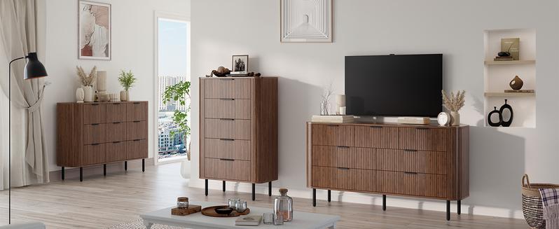 【Valentine's Day Gift】ONBRILL Fluted Dresser for Bedroom with 7 Drawers, 60 inch Chest of Drawers, Mid Century Modern Long Dressers with Curved Profile Design for Closet, Wood TV Stand for Living Room, Hallway