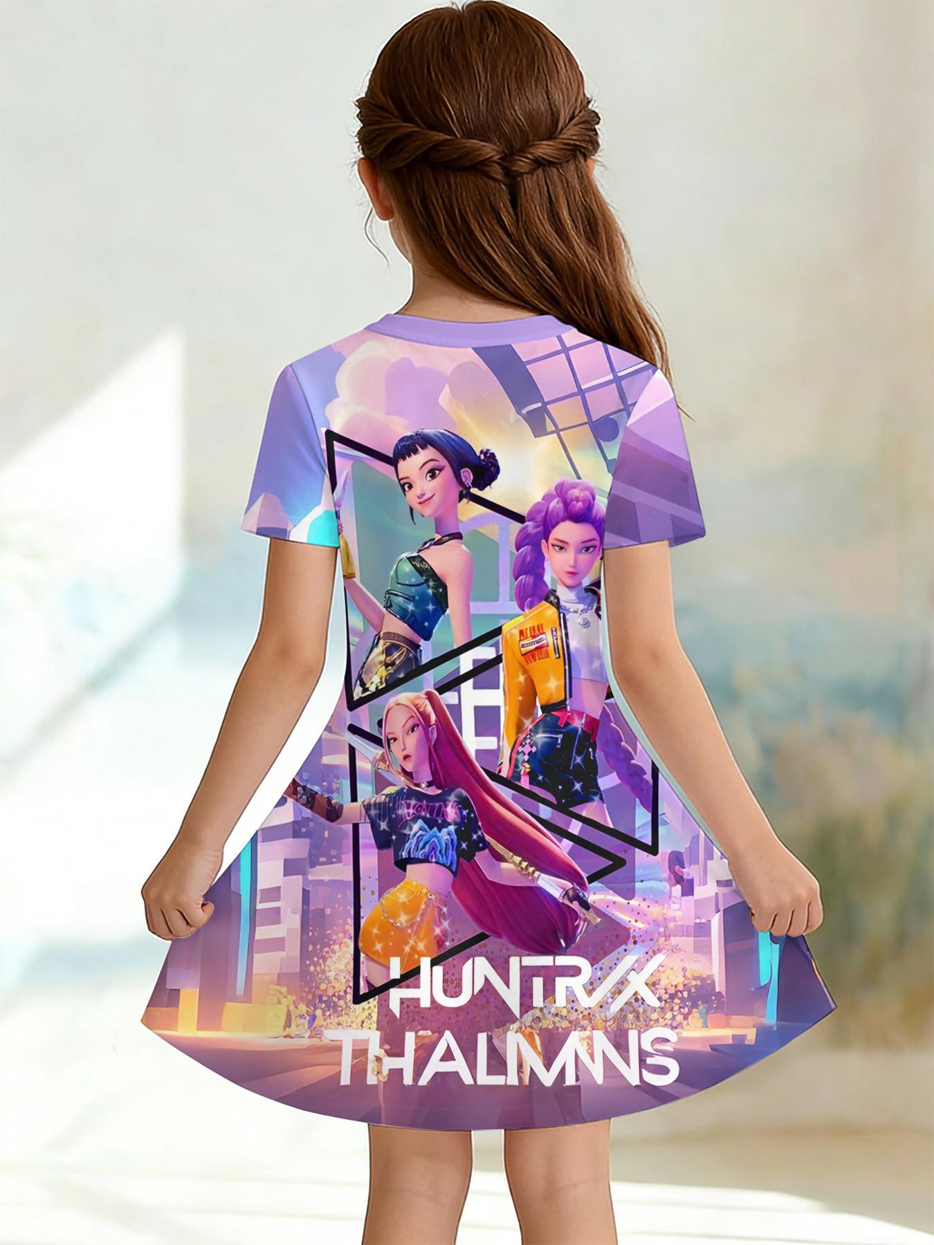 Girls' 3D Short Sleeve Dress, K-Pop Demon Hunters Neon Stage Print, Summer Party Wear, Perfect for Gifts and Birthdays