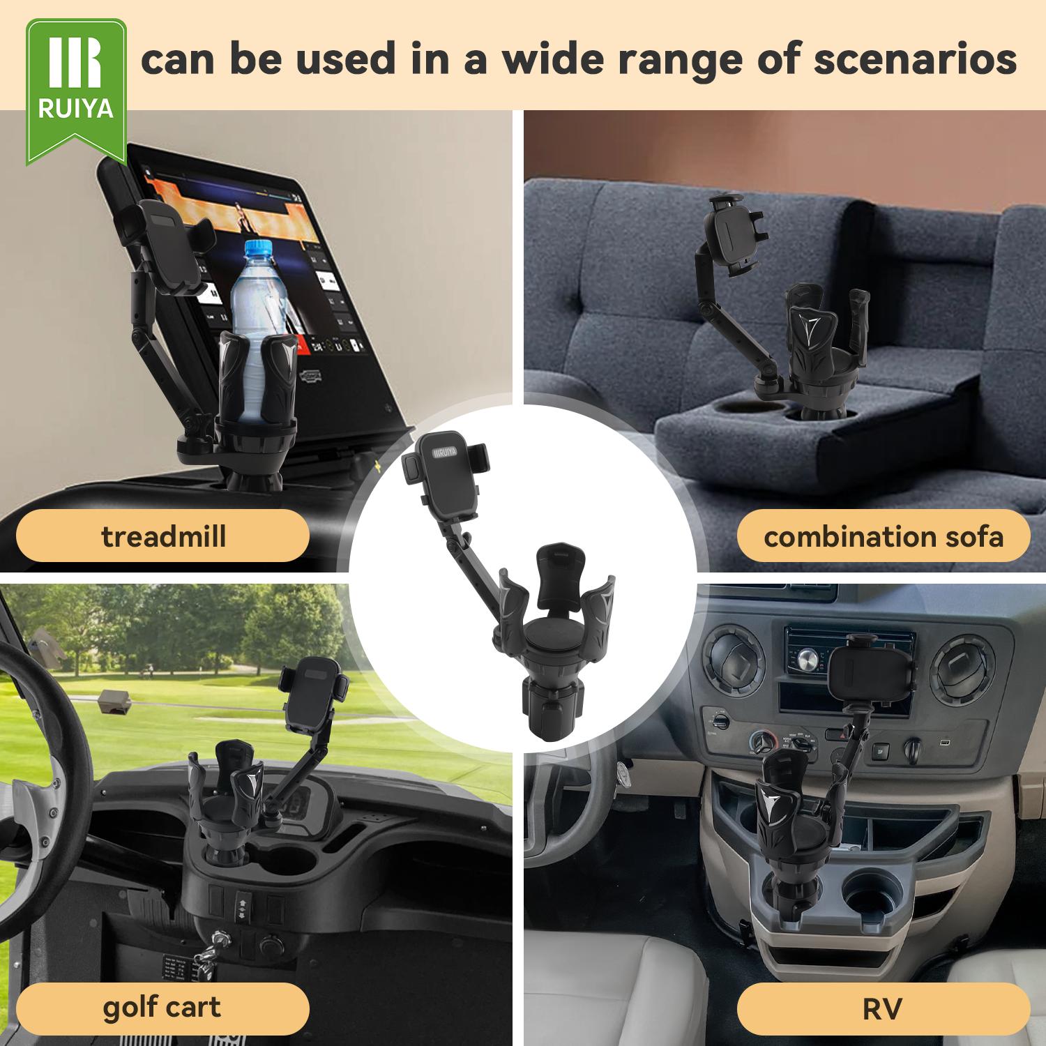 RUIYA Adjustable Cup Phone Holder for Cars Treadmills Sofas 360° Rotation Fits Most Bottles Smartphones Universal Design Maximize Drink Storage Secure Smartphone Mount