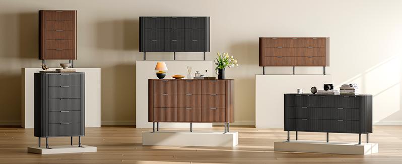 【Valentine's Day Gift】ONBRILL Fluted Dresser for Bedroom with 7 Drawers, 60 inch Chest of Drawers, Mid Century Modern Long Dressers with Curved Profile Design for Closet, Wood TV Stand for Living Room, Hallway