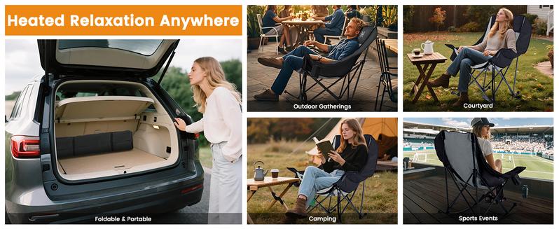 SLSY Oversized Heated Rocking Camping Chair, Outdoor Rocker Padded Recliner Folding Lawn Chaise, with Side Pockets & Carry Bag for Patio Backyard, Power bank not included