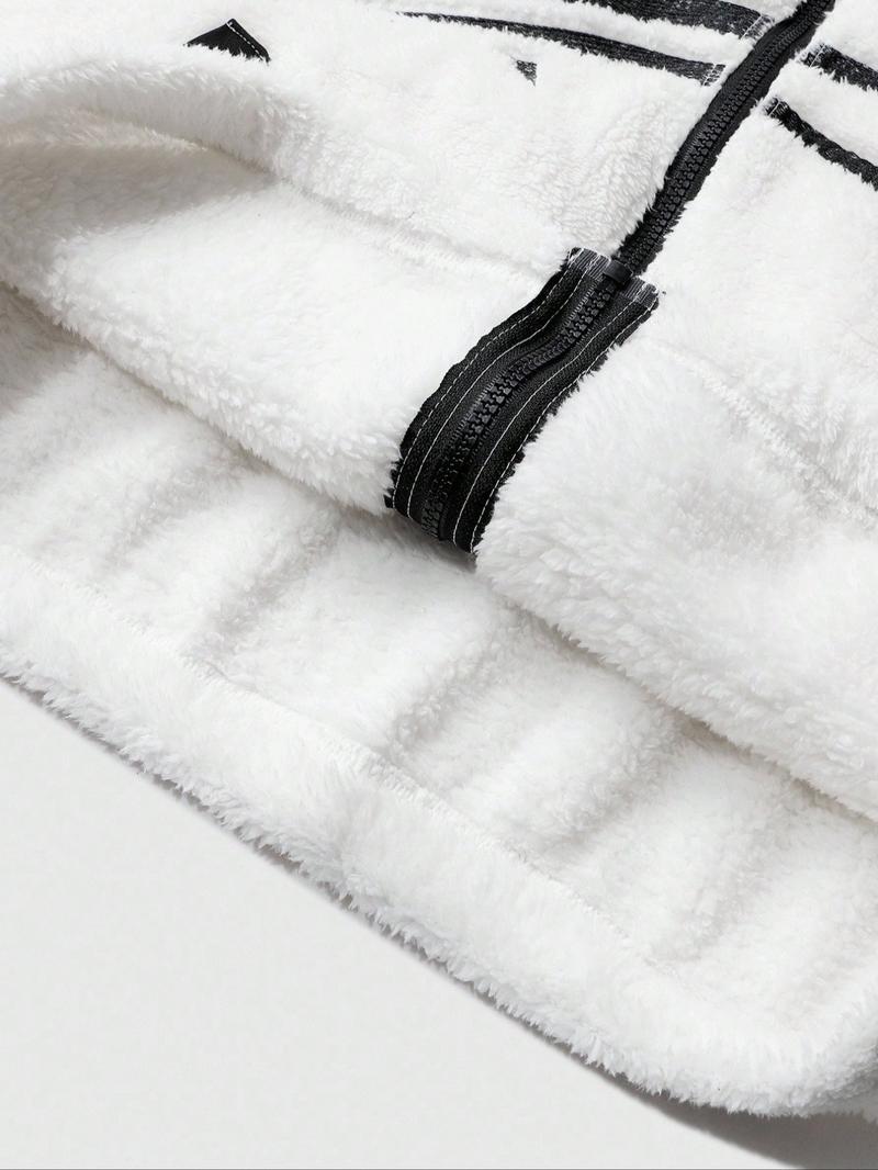 Men's Faux Fur Jacket with Star Pattern, High Durability, Y2K，Full Sleeve Design, Front Zipper, Casual Commuter Wear, Gift for Him