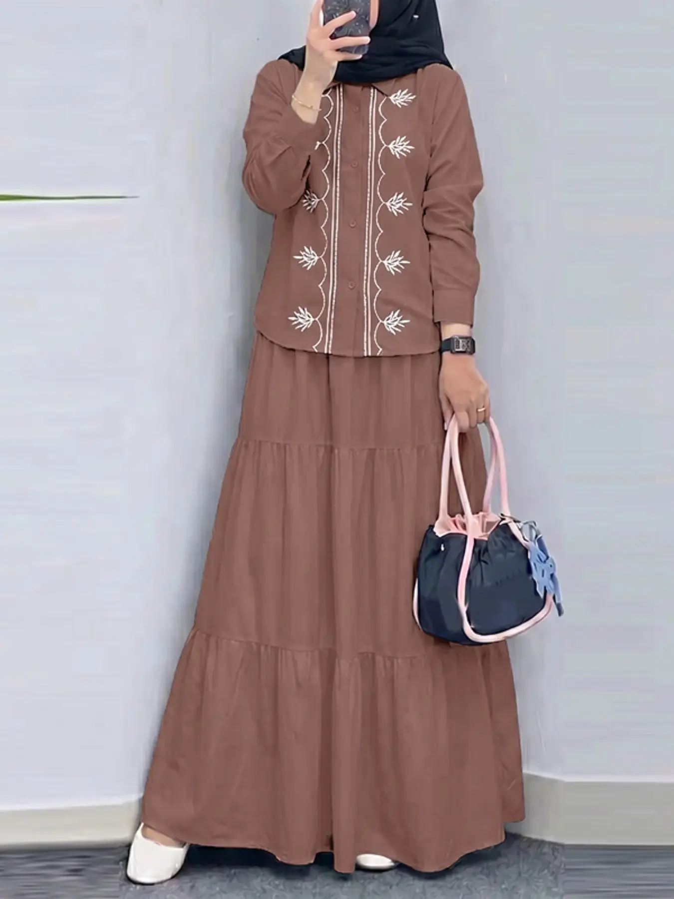 Women's Long Sleeve Shirt + Elastic Waist Skirt Set, Matching Sets, Casual Loose-Fit Embroidery Top, Two-Piece for Daily Wear, All Seasons