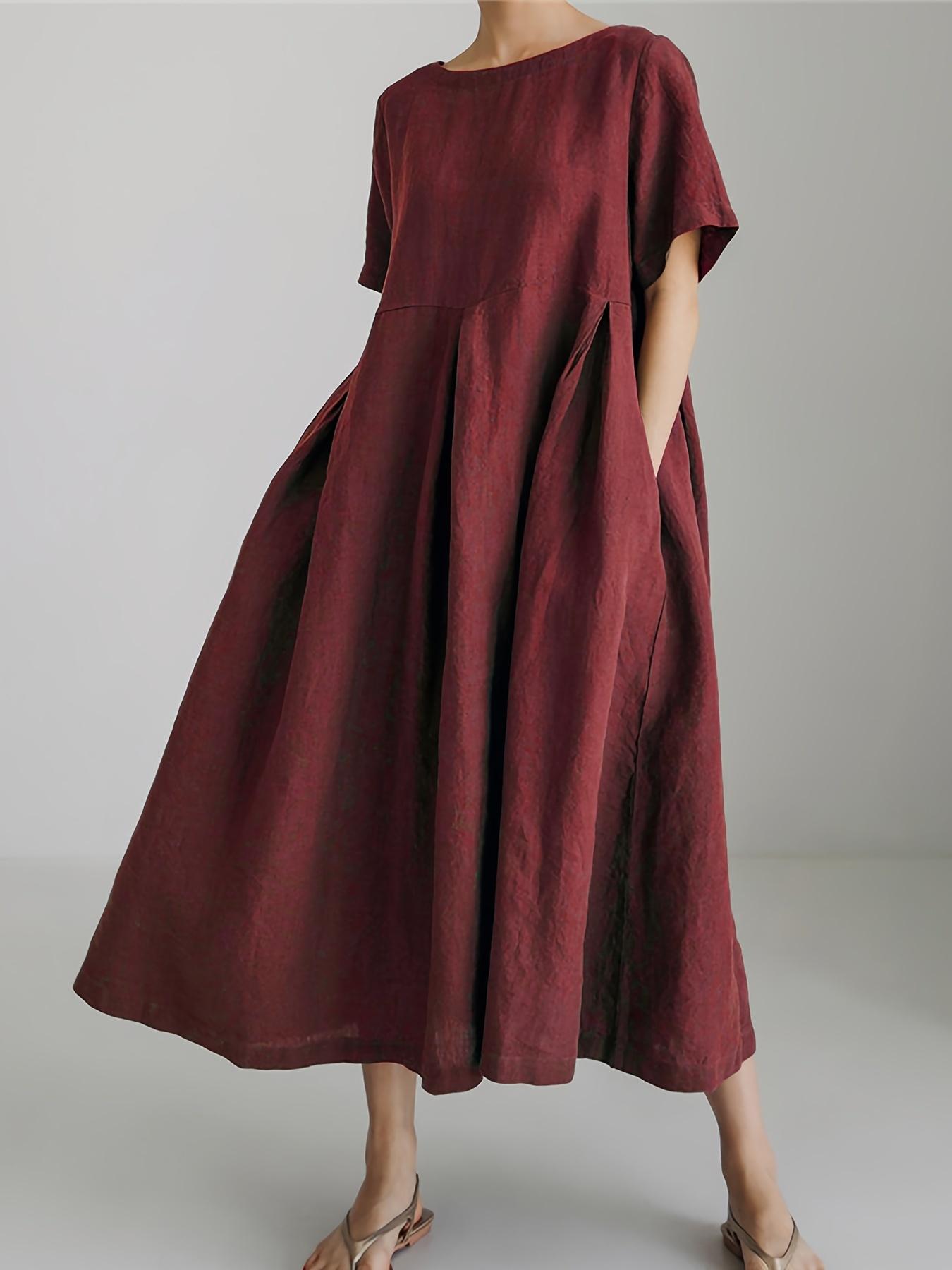 Plus Size Solid Color Loose Dress, Casual Pocket Short Sleeve Crew Neck Long Length Dress For Spring & Summer, Women's Plus Size Clothing Plus Size Solid Color Loose Dress, Casual Pocket Short Sleeve Crew Neck Long Length Dress For Spring & Summer, Women's Plus Size Clothing