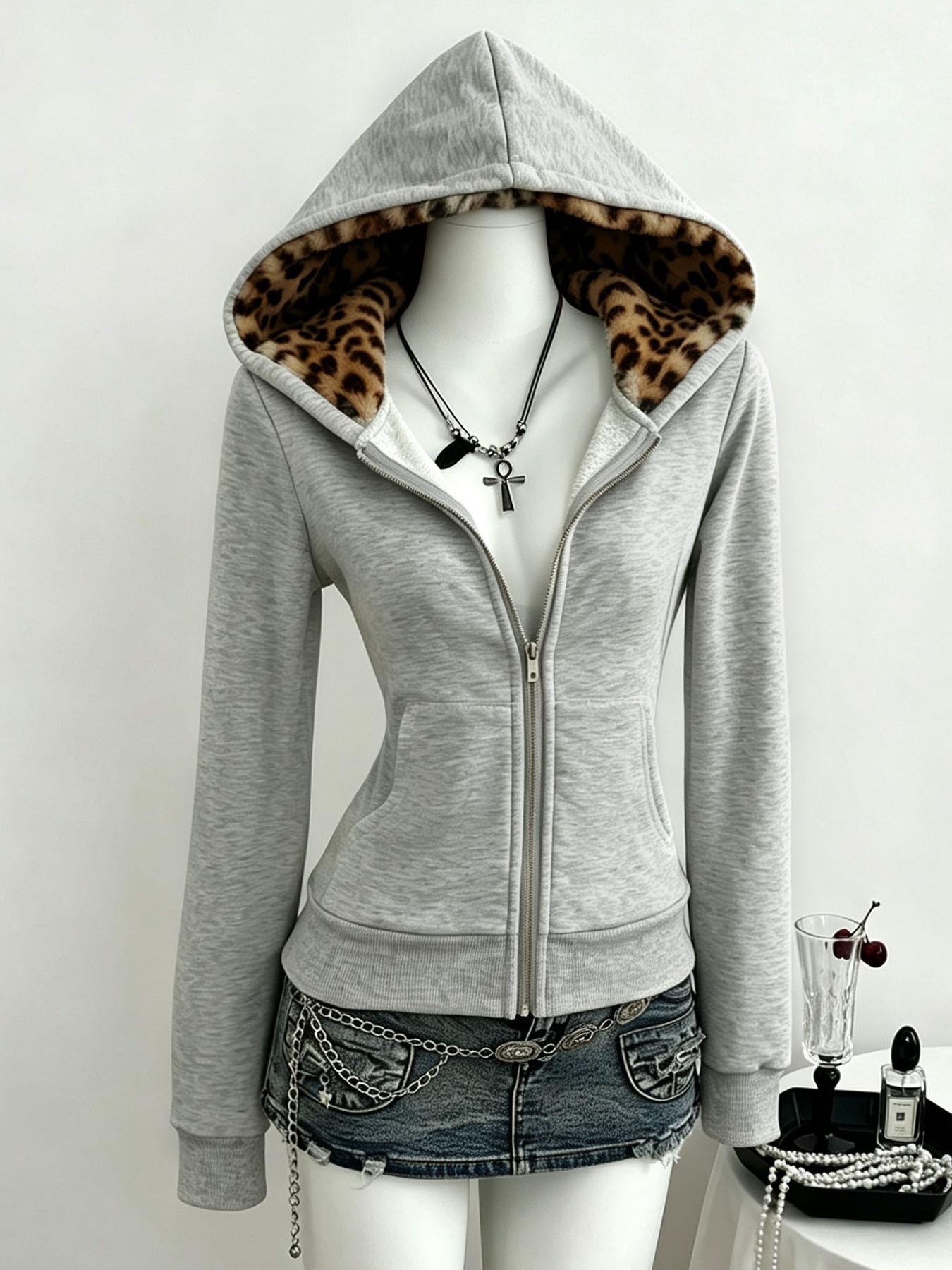 Women's Gray Zip Up Hoodie, Sweatshirts, Slim Waist Long Sleeve Jacket With Leopard Print Lining And Pockets, Y2K Street Style, Ideal For Daily And Hip Hop Outfits