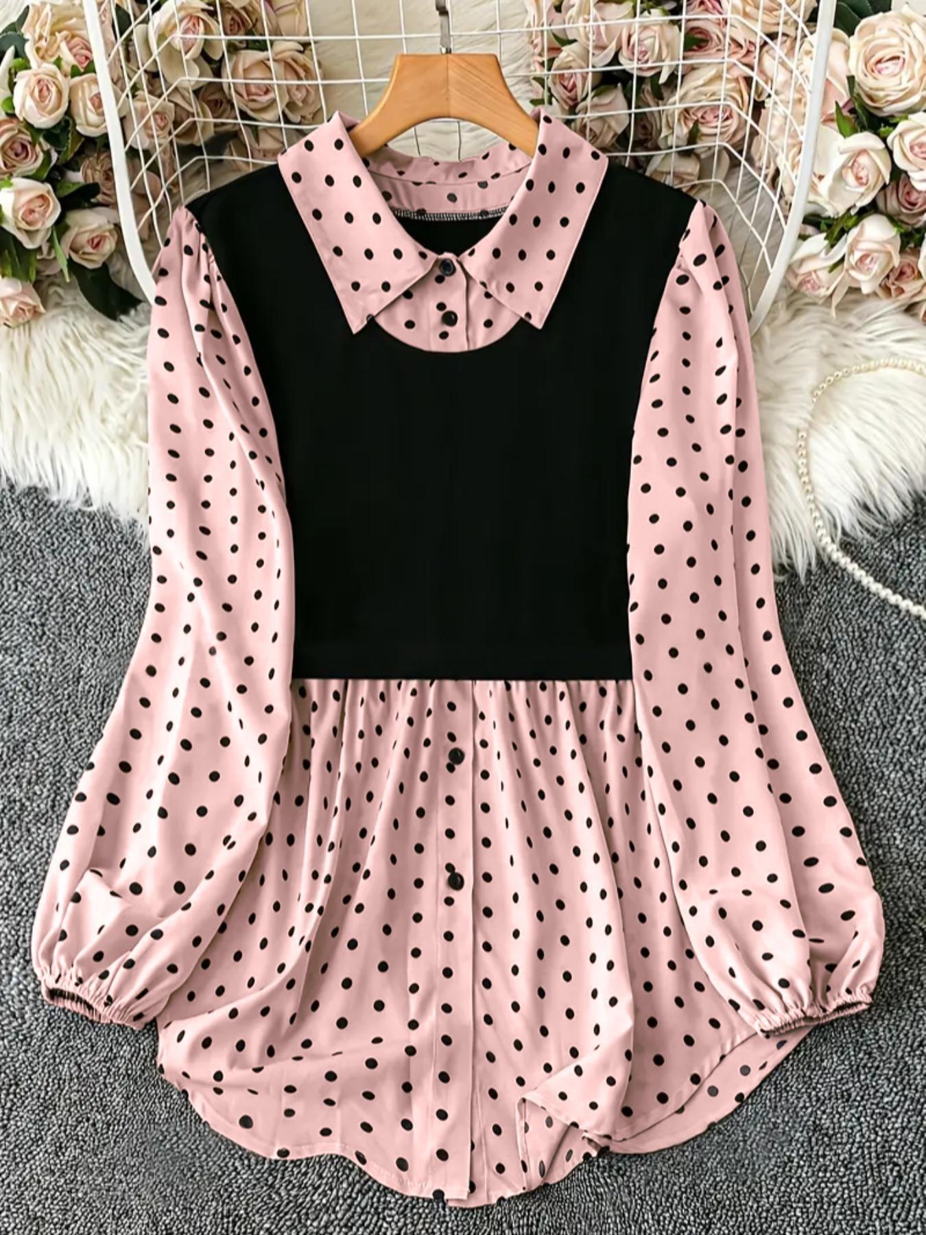 Plus Size Women's Polka Dot Blouse, Fitted Long Sleeve Casual Top for Fall, Comfortable Daily Wear for Holiday, Casual Bishop Sleeve