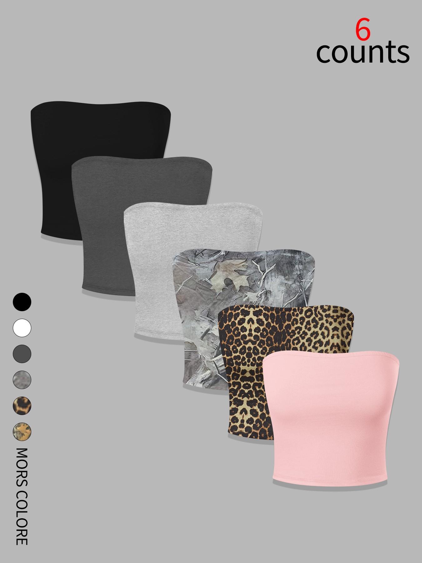 Women's Basic Solid Color Tube Top (6 Pack), Strapless Short Waist Design, High Stretch Knit Fabric, Fit, Versatile for All Seasons, Womenswear