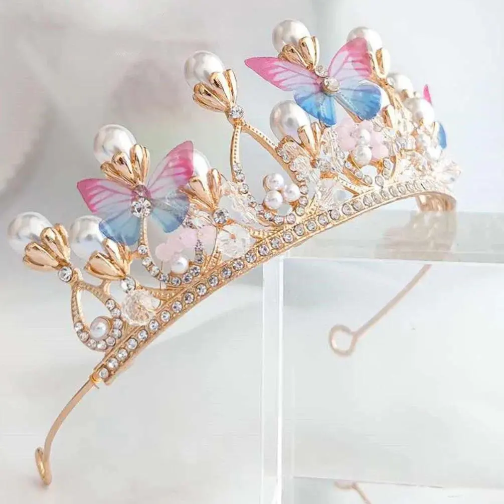 Girl Princess Crown Butterfly Rhinestone Tiaras Birthday Crystal Crown Performance Wedding Model Catwalk Handmade Pearl Tiara