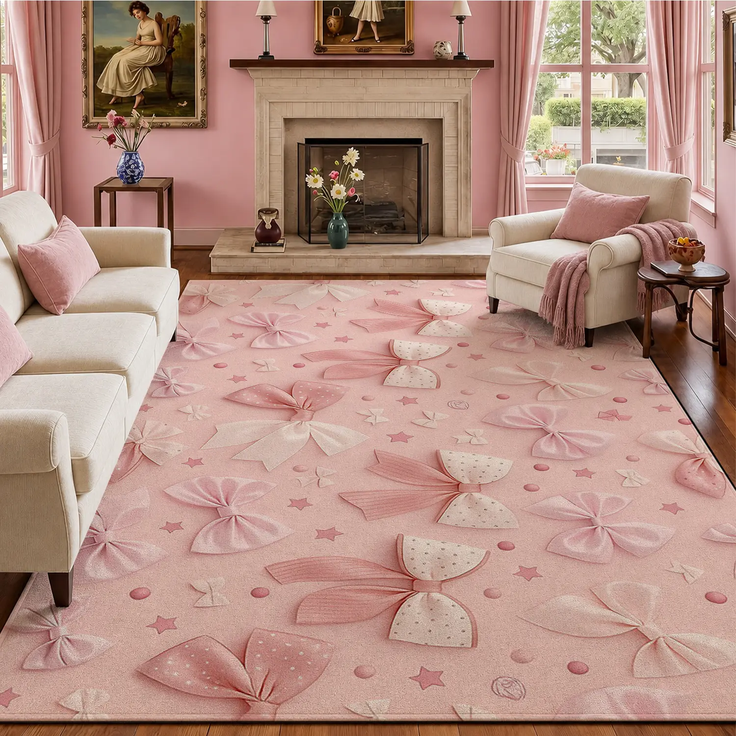 Large Indoor Area Rug, Soft Velvet Low Pile with Non-slip Dotted Backing, Machine Washable, Adorable Pink Bow & Star Pattern, Ideal for Bedroom, Living Room, and Girl’s Room