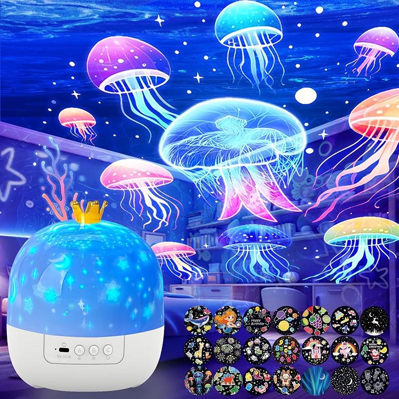 1 PC 21 Sets of Films Ocean Night Light Projector, Kids Projector for Bedroom, USB Powered Ocean Lamp, Stars Projector for Ceiling, 360 Degree Rotation Jellyfish Kids Night Light for Decorating Birthdays, Christmas Gifts, Starry Sky Projector