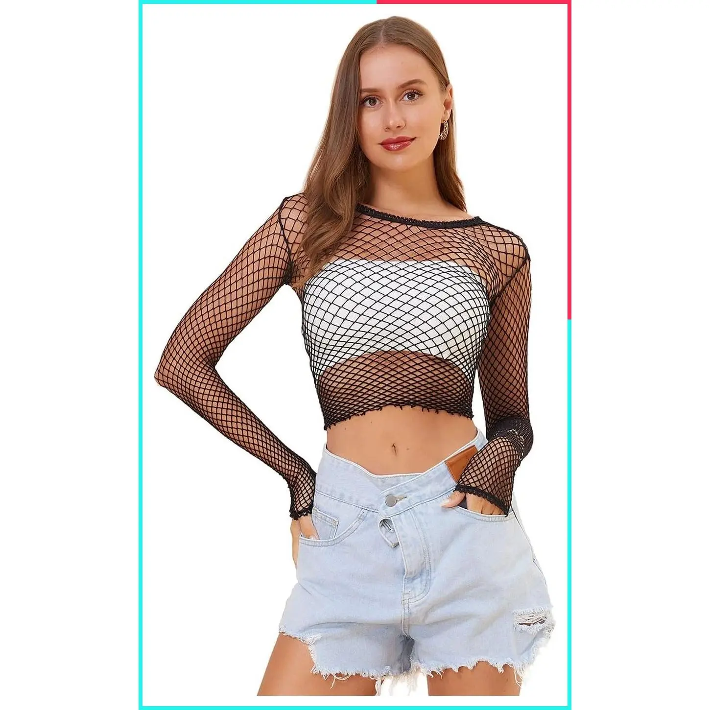 Women Fishnet Crop Top Lingerie Mesh Babydoll Chemise Long Sleeve Plus Size Black Fishnet Bodysuit Wife Gift