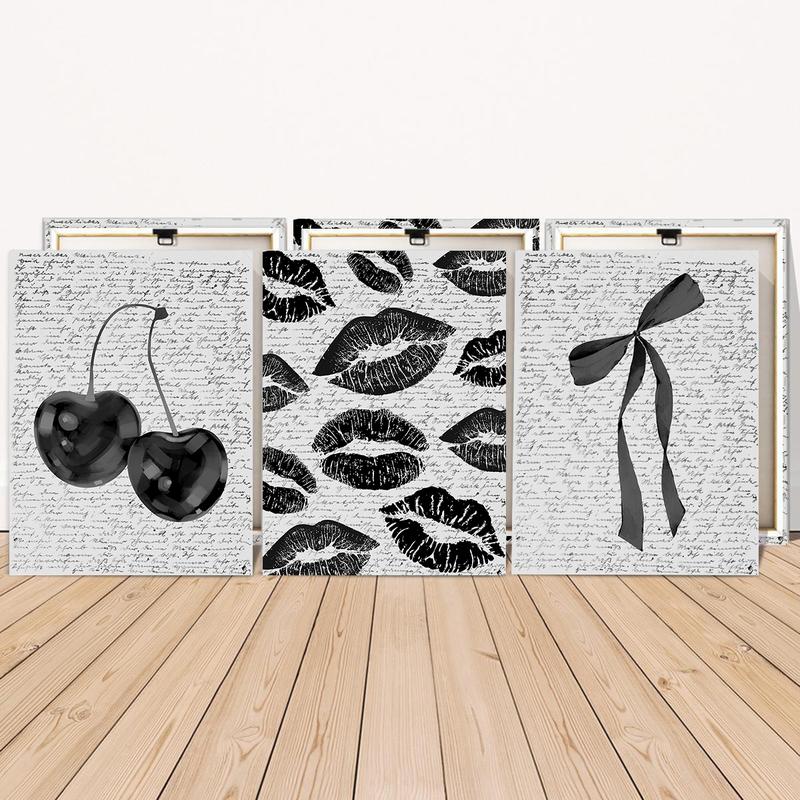 3Pcs/Set Wooden Framed Black White Retro Cherry Canvas Poster, Coquette Bow Trendy Wall Art, Aesthetic Design, Preppy Decor, Lips Kiss Prints, Artwork Wall Painting For Gift, Dark Aesthetic, Wall Decor For Bedroom, Living Room, Ready To Hang 3Pcs/Set Wooden Framed Black White Retro Cherry Canvas Poster, Coquette Bow Trendy Wall Art, Aesthetic Design, Preppy Decor, Lips Kiss Prints, Artwork Wall Painting For Gift, Dark Aesthetic, Wall Decor For Bedroom, Living Room, Ready To Hang