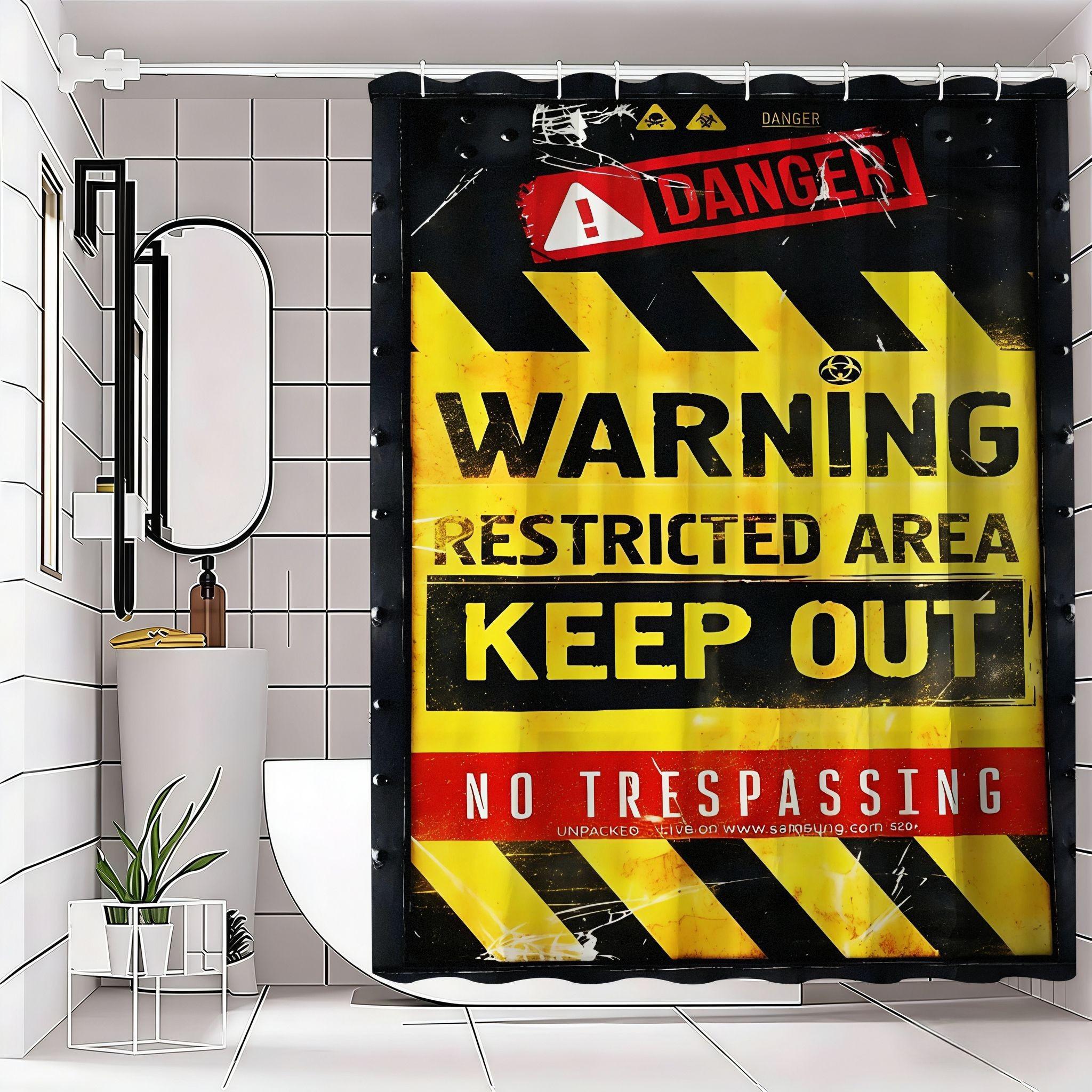 Industrial Caution Shower Curtain, Danger Banner, Biohazard Symbol, Warning Text, & Stripes, Halloween Decor, Safety Theme