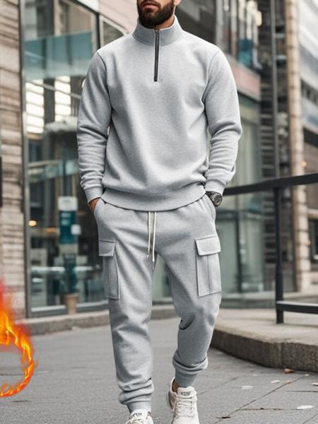 Men's Fleece Tracksuit Set - Half - Zip Mock Neck Top, Cargo Joggers, Ribbed Trim, Athletic Fit. Designed for All - Day Warmth in Winter & Casual Settings, Suitable for Outdoor Workouts, Urban Commutes & Lazy Sundays. A Must - Have for Modern Men Seeking
