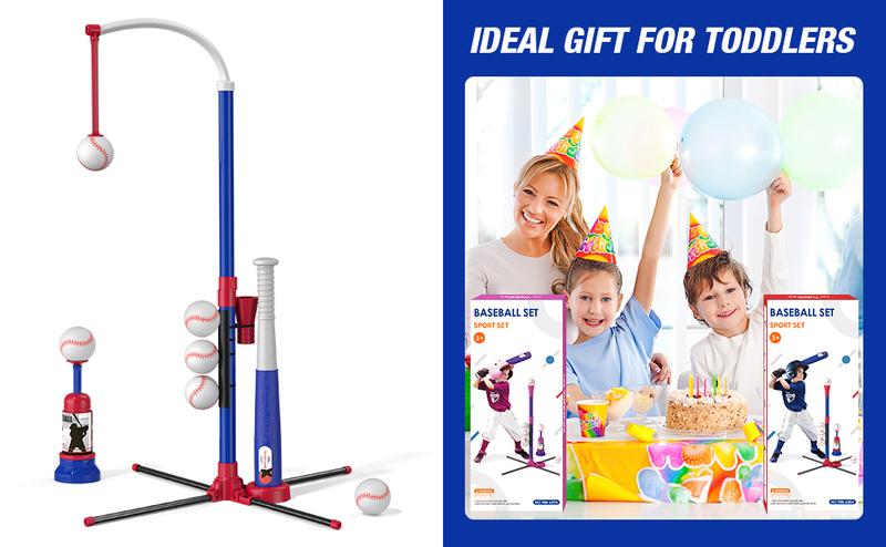 3-in-1 Baseball Set for Kids 3-5 - Tee Ball Stand, Hanging Tee, Ball Launcher and 6 Softballs - Adjustable Height, Indoor/Outdoor Sport Gifts for Boys, Blue/Purple