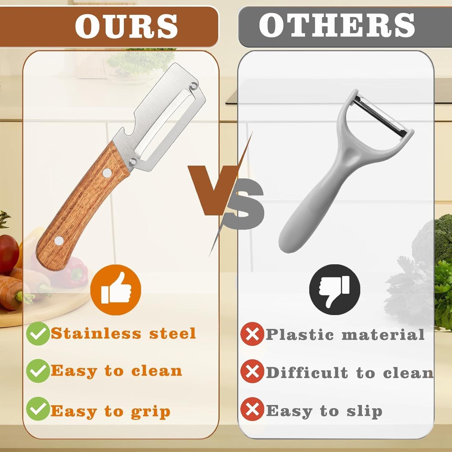 1/2PCS Premium Vegetable Peeler with Wooden Handle and Bottle Opener Stainless Steel Blade Kitchen Tool for Fruit Apple Potato Pumpkin Papaya Zucchini