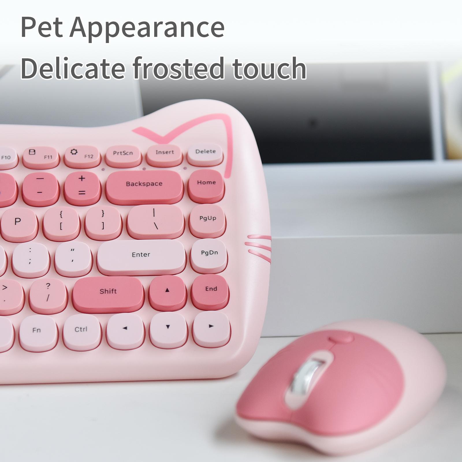 MOFii 1 Set Pink Cat Ear Wireless Keyboard and Mouse Combo, Cute Silent Office Keyboard Mouse, Universal for Laptop Desktop, US QWERTY (Battery Not Included)