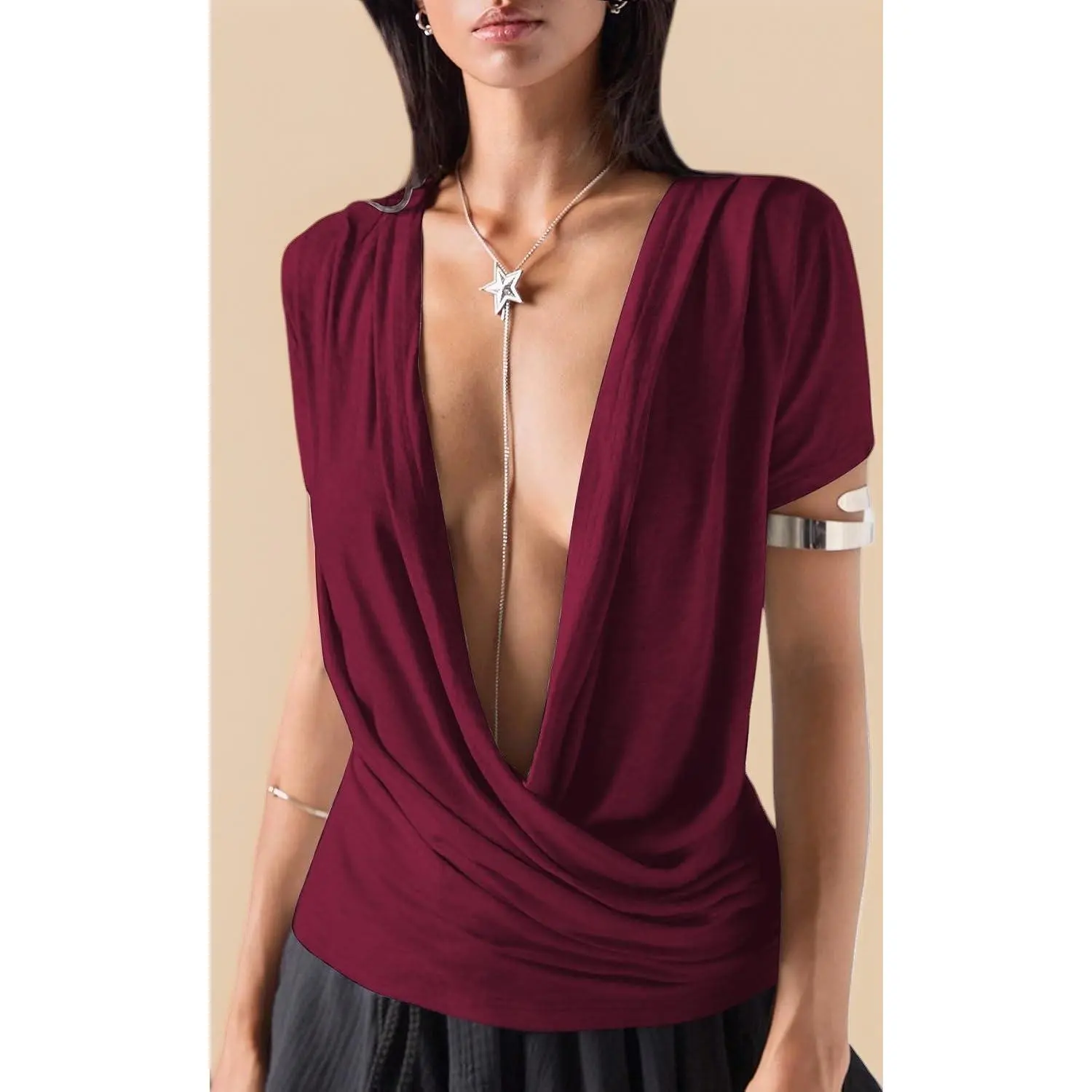 Women Draped Cowl Neck Deep V Short Sleeve T-Shirt, Fitted Sexy Casual Tops, Summer Going Out Shirts