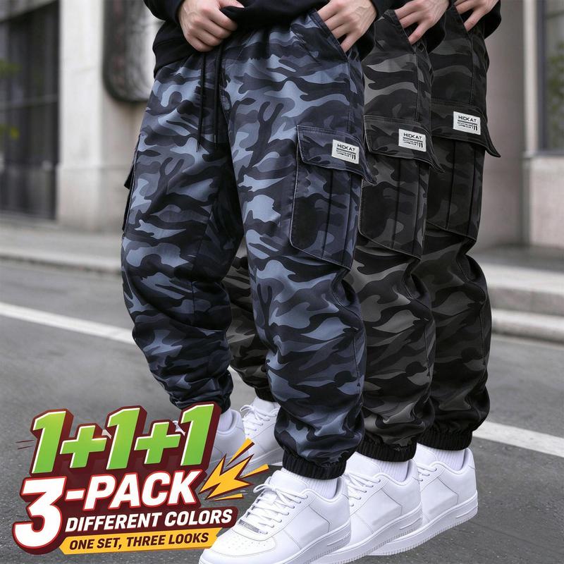 3‑Pack Men's Camouflage Work Pants, Lightweight Breathable Polyester Casual Trousers, Drawstring Elastic Waist, Cover Pockets, Outdoor Hiking Camping Sweatpants for Spring Autumn Daily Wear