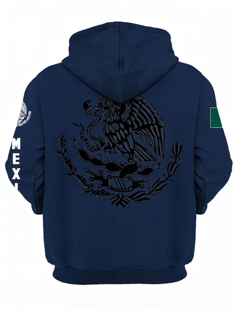 Mexican Cultural Pride Print Hoodie, National Pride Printing, Casual Fitted Design, Long Sleeve, Drawstring Pockets, Fall & Winter