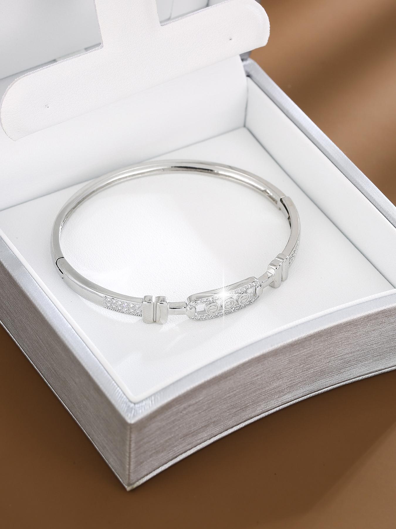 S925 Sterling Silver Rhinestone Decor Bangle Bracelet, Fashionable Hollow Out Design Bangle for Women, Trendy All-match & Exquisite Jewelry for Birthday Gift