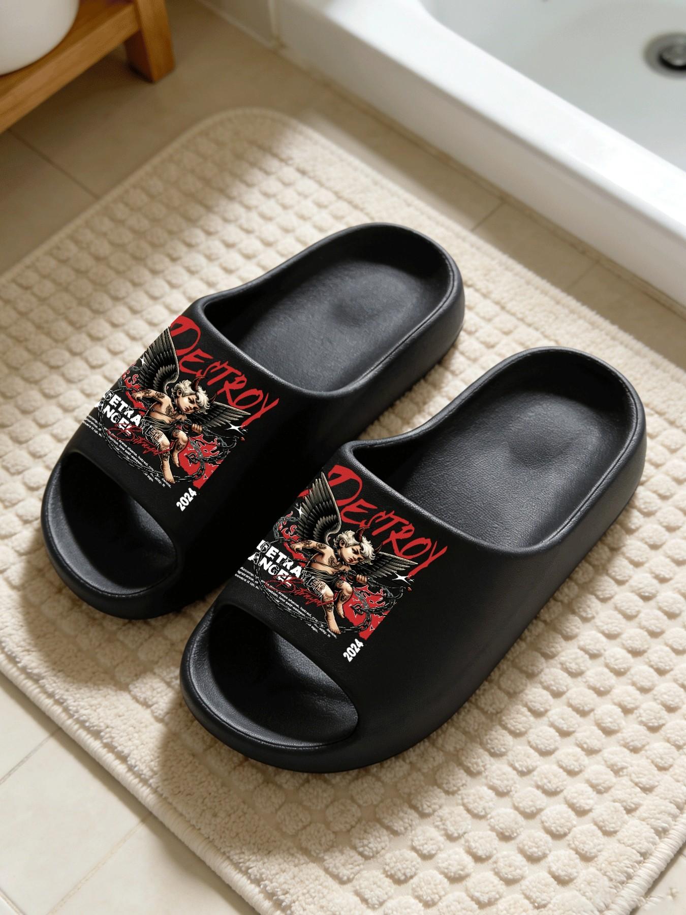 Dark Chain Devil Cupid Print Fashion Slippers, Heavy Metal Cool Style, Thick Sole Soft Bottom, Couples Home Outdoor Use