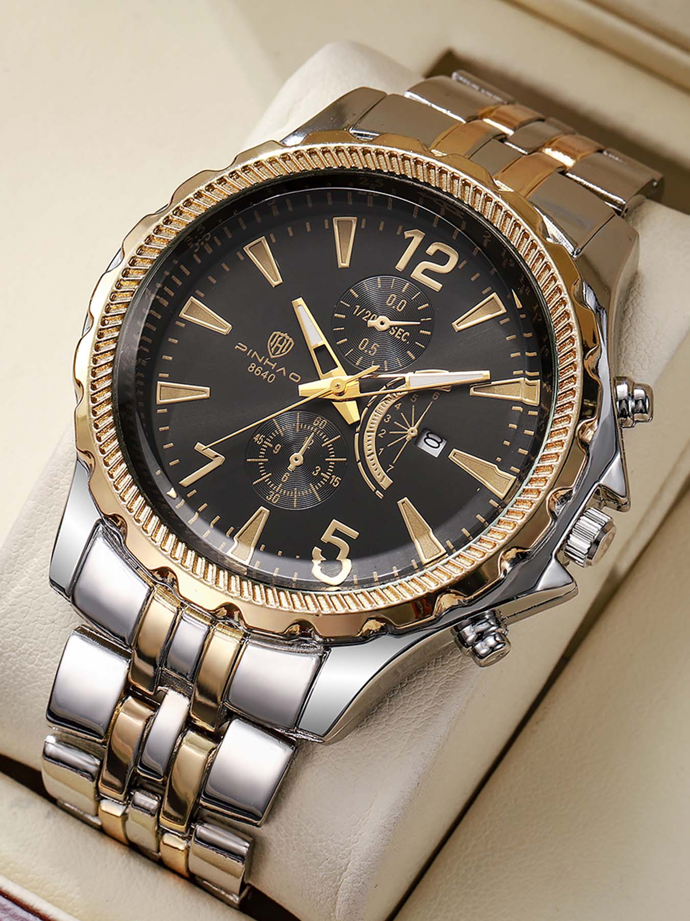 Men's Omega Business Large Dial Steel Band Multi-Function Digital Calendar Quartz Watch