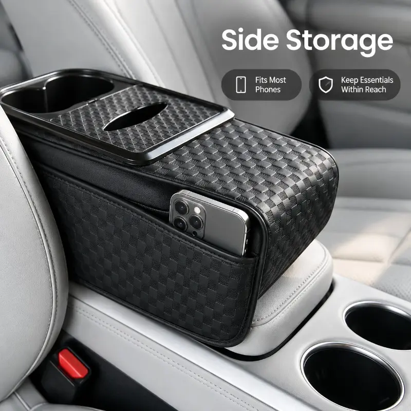 Multi-Function Car Armrest Raised Elbow Pad, Embossed Leather, Dual Cup Holders & Side Pocket, Thick Foam, Protect Original Armrest Car Accessory, Car Organization Accessories